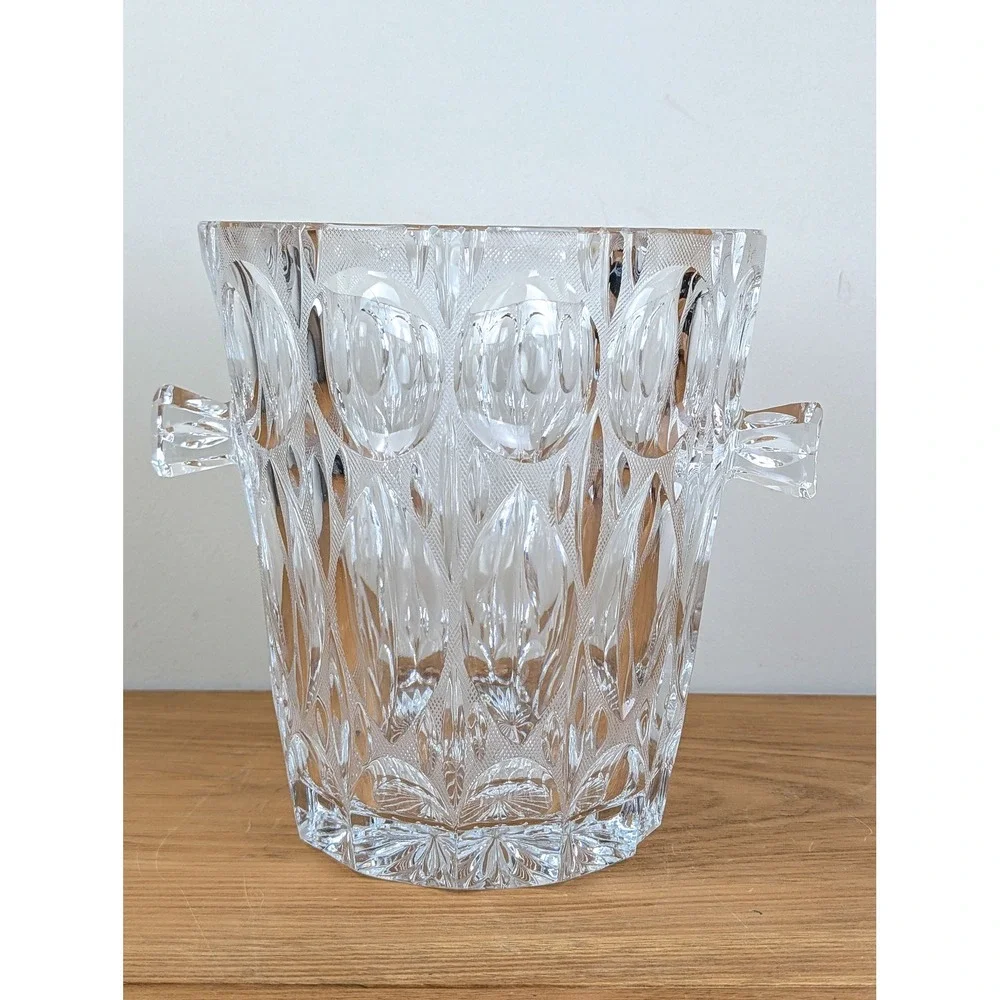 Vintage Heavy Lead Crystal Ice Bucket Diamond Thumbprint Cut Glass 9